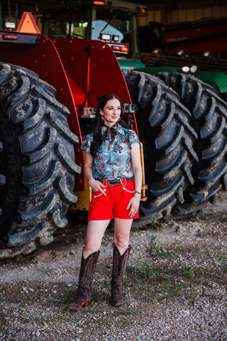 Women’s short sleeve Western shirt with vintage bucking horse pattern