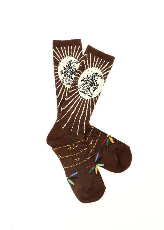 Brown socks with white abstract design on a white background
