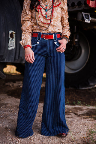 Dark blue pinstripe Western jeans for women with wide legs and contrast pocket detailing