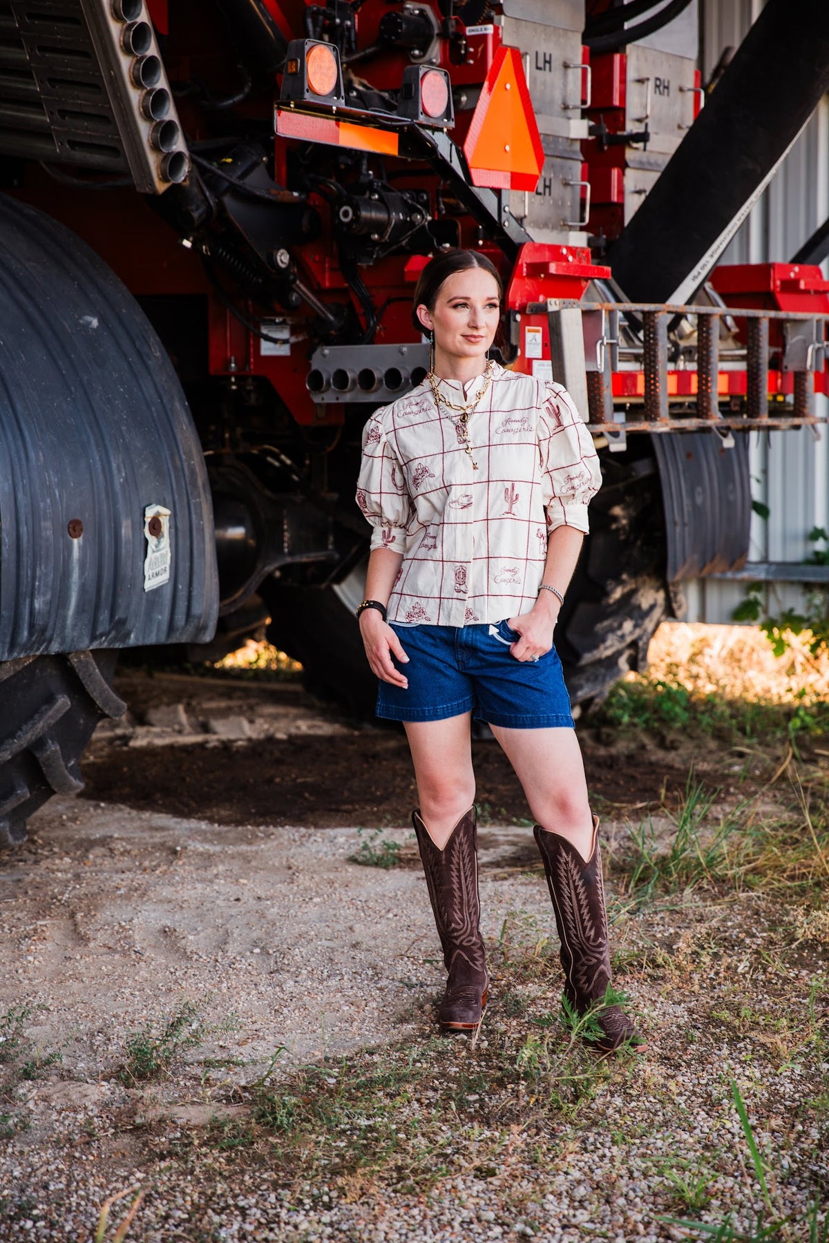 Women’s ivory Western blouse with red embroidery, puff sleeves and cowgirl motifs