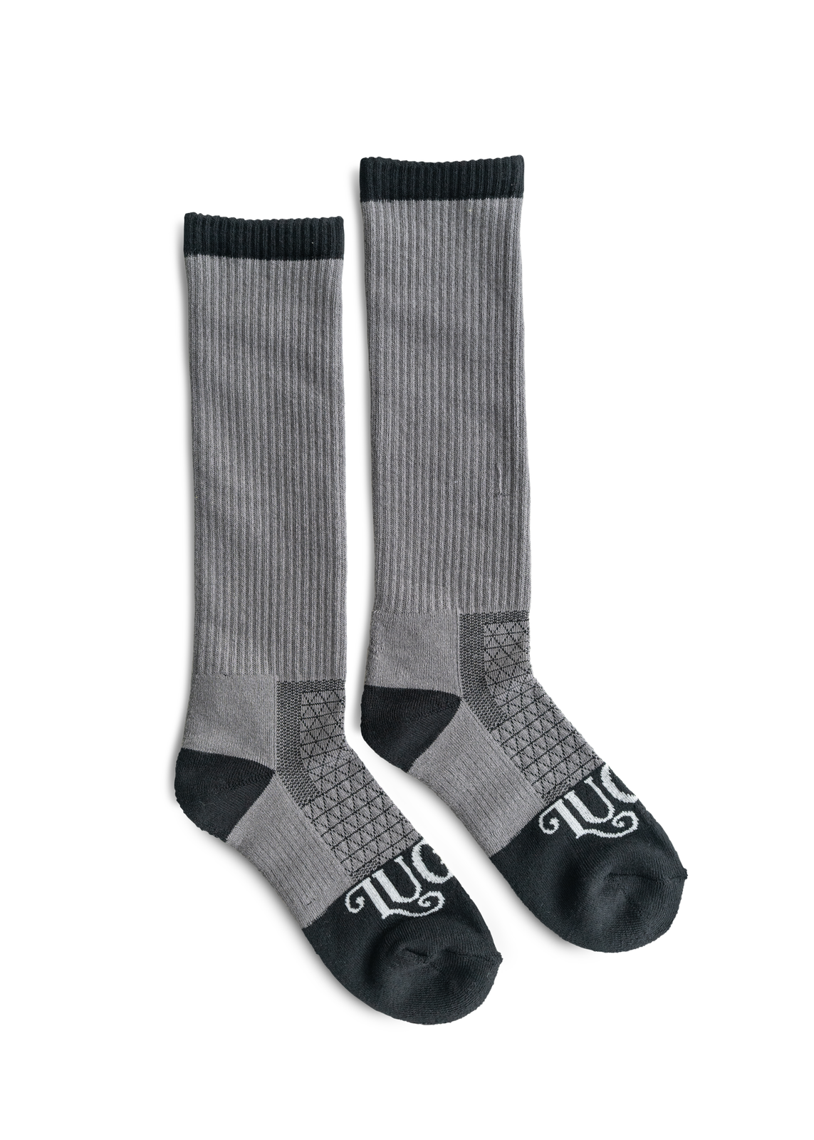 Pair of gray socks with black accents on a white background