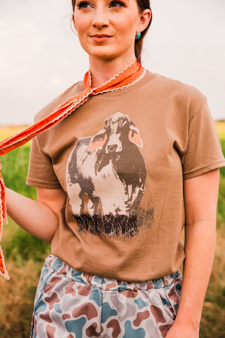 Vintage Brahman Bull Tee by Hank & Scoot in brown, showing a large distressed cattle graphic, crew neckline and short sleeves.
