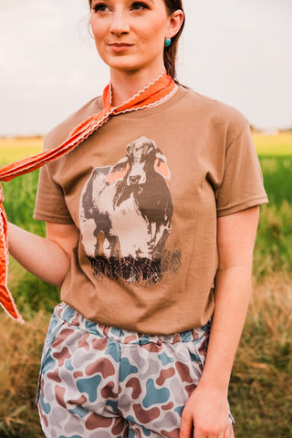 Close-up of the Vintage Brahman Bull Tee showing the distressed bull illustration on brown fabric, tucked into camo shorts.