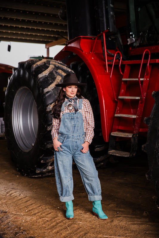 High Plains Denim Overalls women’s light wash oversized barrel leg overalls styled with Western boots