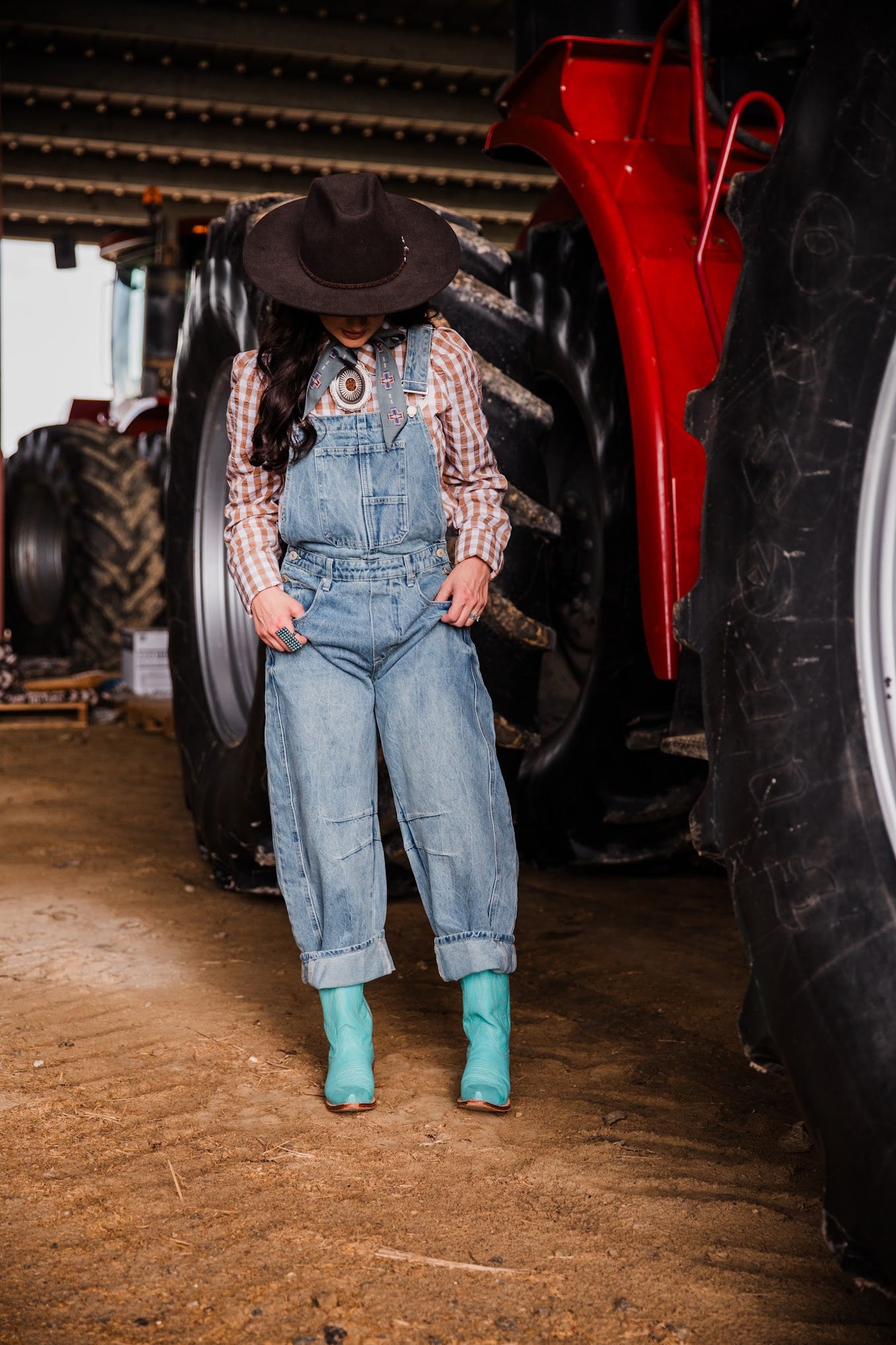 High Plains Denim Overalls styled with Western blouse, cowboy hat and turquoise boots