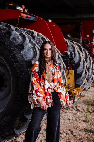 Satin Western blouse with allover running horse print, balloon sleeves and oversized fit