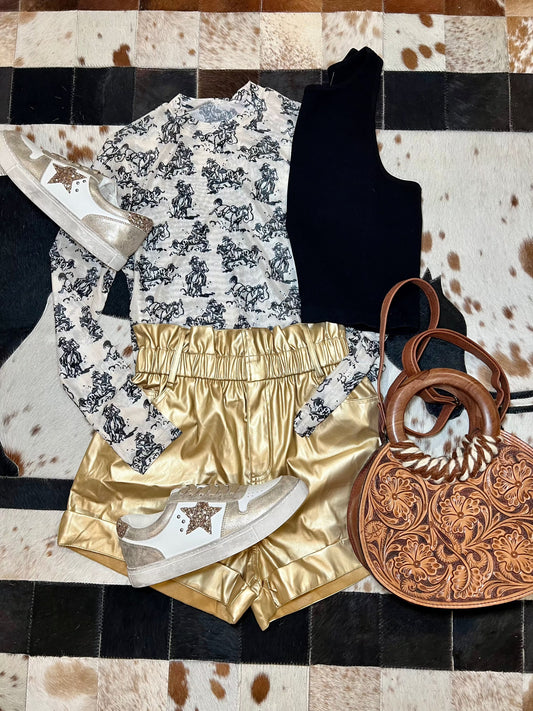 Leather Bag Shorts- Gold
