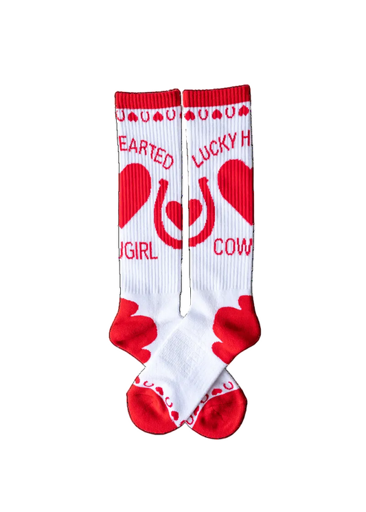 White socks with red hearts and text on a white background