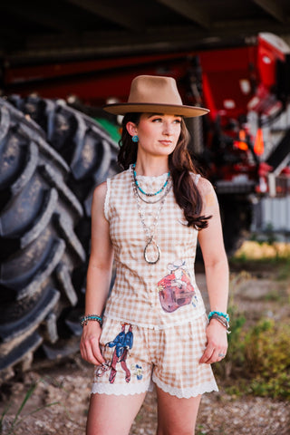 Marshall Western wool felt hat styled with women’s gingham cowgirl set and turquoise jewelry