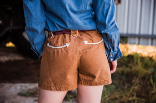 Back view of women’s Polly Tan denim shorts with Western-inspired contrast pocket details by howdy hanny