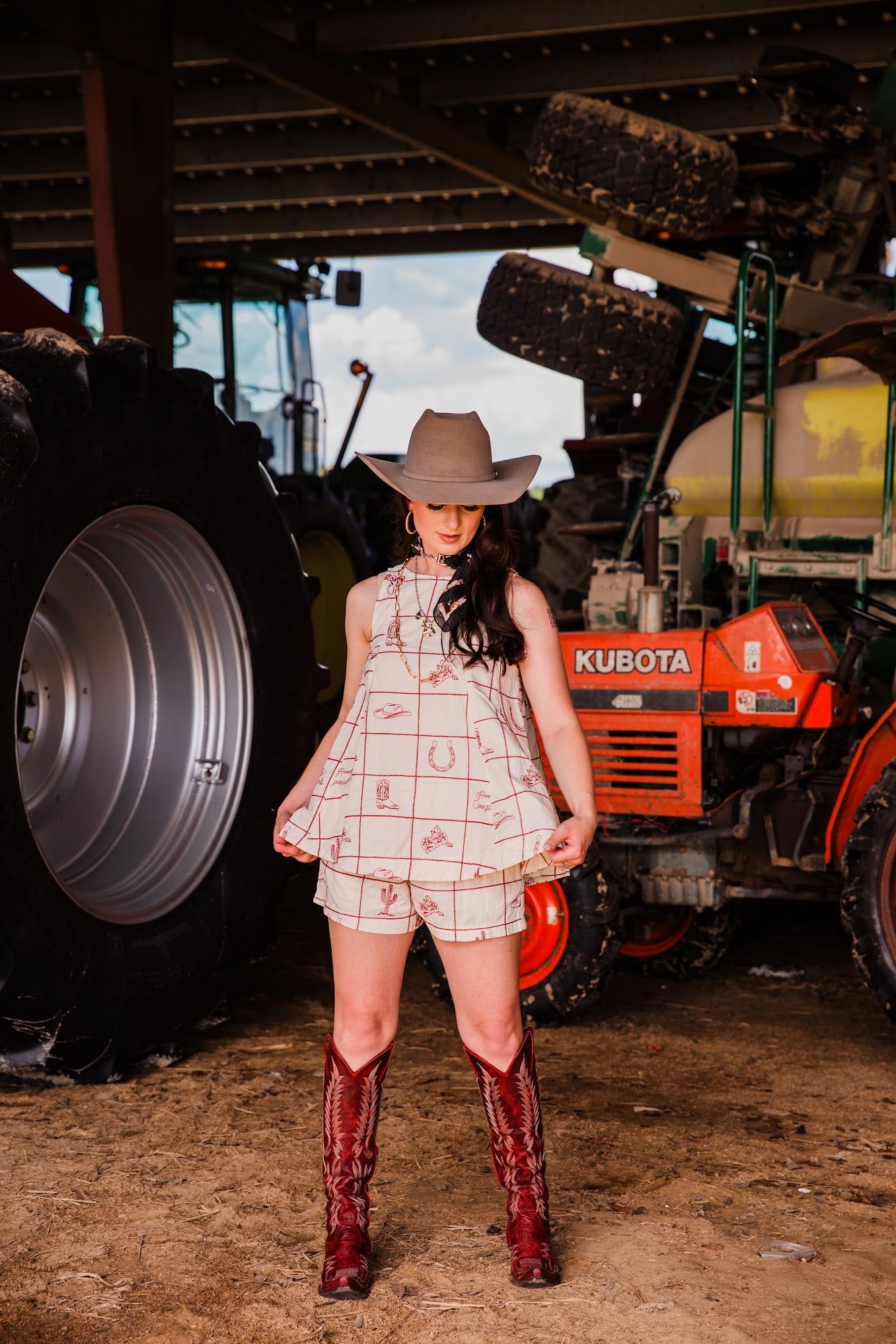 Prairie Post set with cream base and maroon western embroidery and elastic waistband. classic modern western