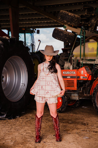 Prairie Post set with cream base and maroon western embroidery and elastic waistband. classic modern western