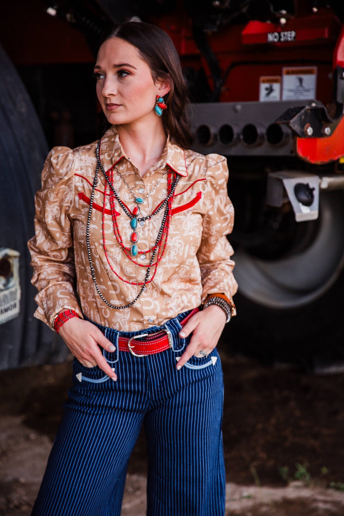 Saddle Up Sweetheart tan Western shirt styled with turquoise jewelry and striped Western pants