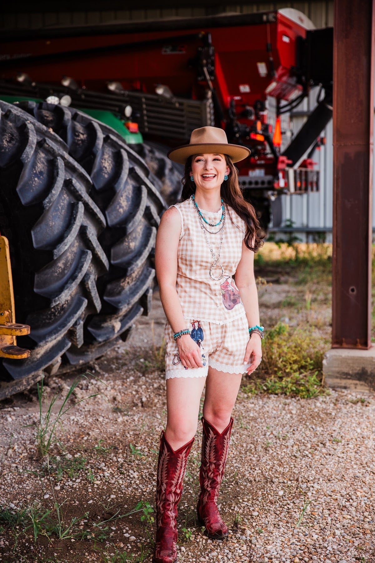 Rustic Cowgirl Gingham Set women’s Western matching top and shorts outfit with cowgirl graphics