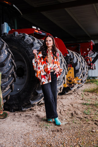 Satin Western blouse with allover running horse print, balloon sleeves and oversized fit western fashion style