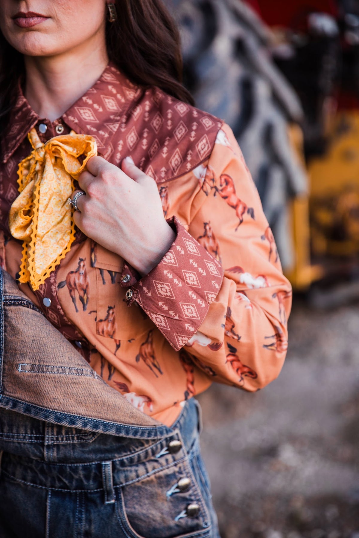 Women’s rust horse print pearl snap shirt with contrast Western yoke and collar by howdy hanny
