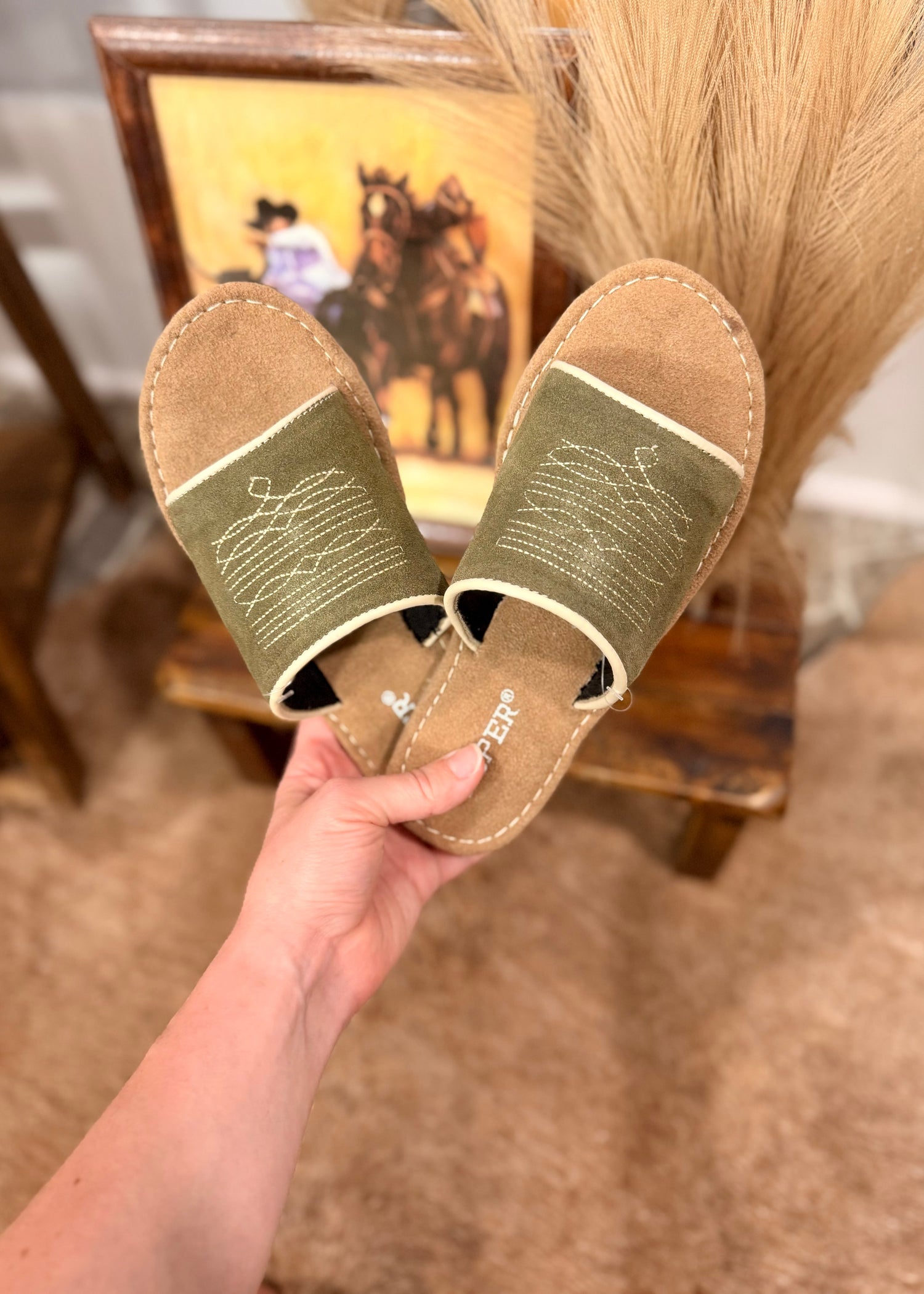 Smith Stitch Sandal- Green Suede, These easy slip-on sandals bring subtle western charm to your everyday look