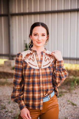 THML women's plaid horse blouse, front view with cream horse-embroidered yoke, button front and long puff sleeves.