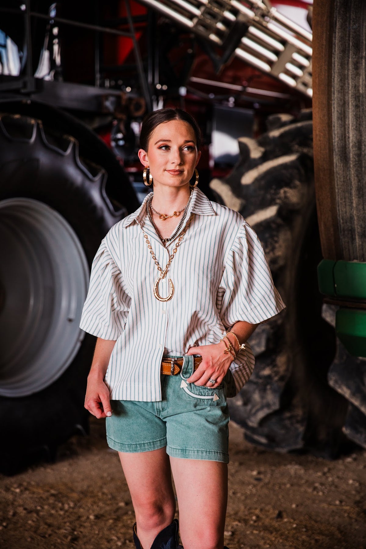 toast suede western belt by double j saddlery styled with women's seersucker button down top and teal shorts by howdy hanny